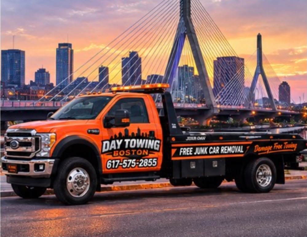 Day Towing Boston orange tow truck beside the Zakim Bridge in Boston at sunset